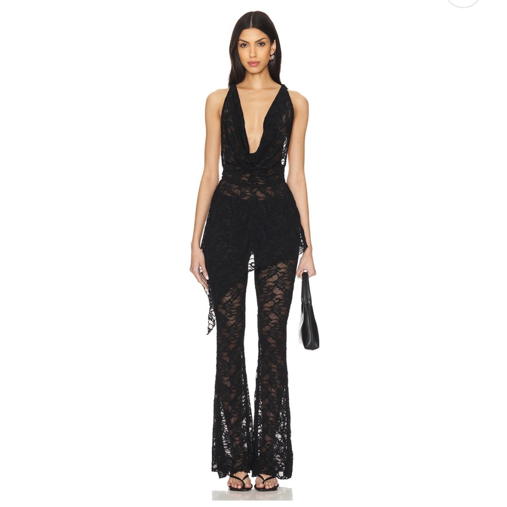 superdown Black Lace Deep-V Sheer Jumpsuit
